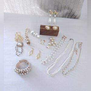 Vintage Faux Pearl Jewelry Lot 21 Pieces Earrings Necklaces Bracelets Brooches